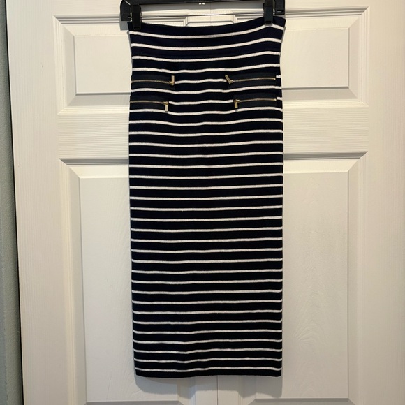 Cache striped navy blue white nautical midi pencil skirt gold zippers size S - Picture 9 of 10